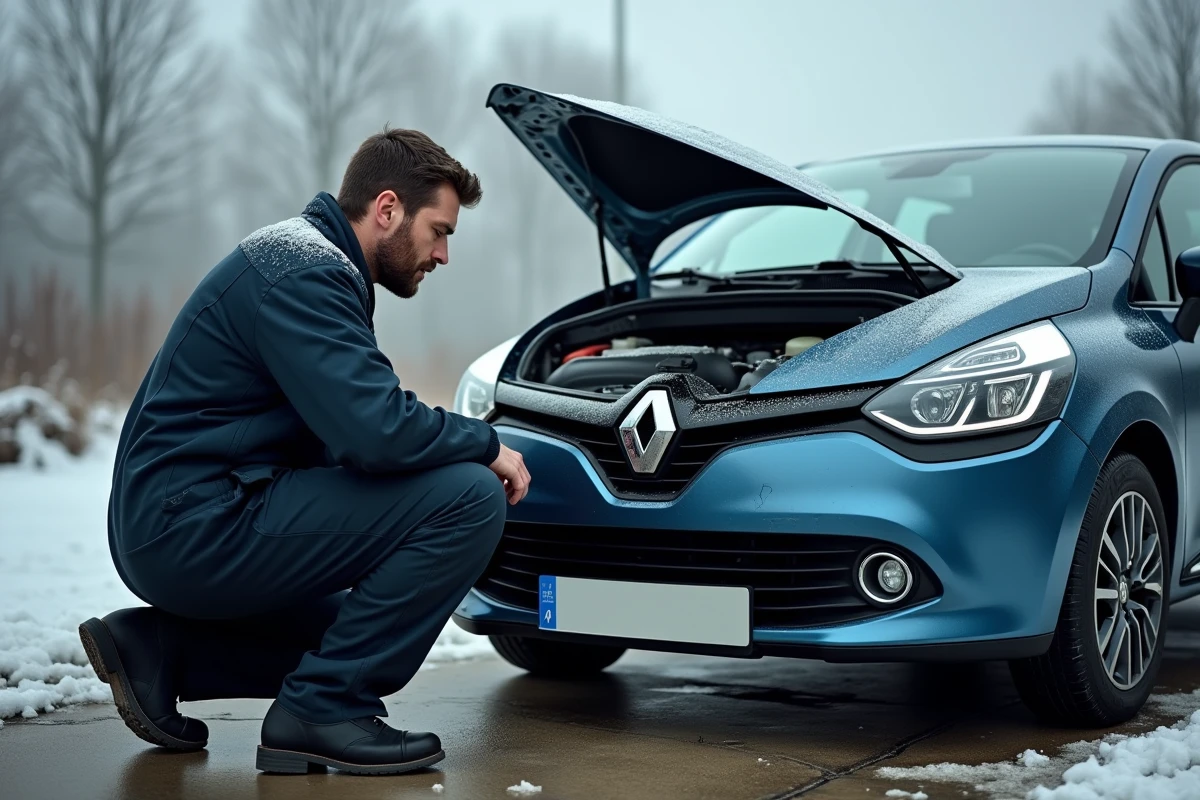 Mécanicien inspectant le moteur d'une Clio 2 par temps froid hivernal