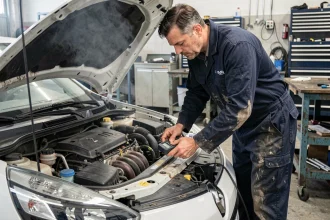 Mécanicien inspectant le moteur 1.5 dCi d'une Renault dans un garage professionnel