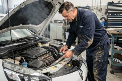 Mécanicien inspectant le moteur 1.5 dCi d'une Renault dans un garage professionnel