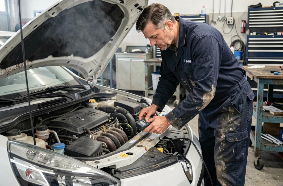 Mécanicien inspectant le moteur 1.5 dCi d'une Renault dans un garage professionnel