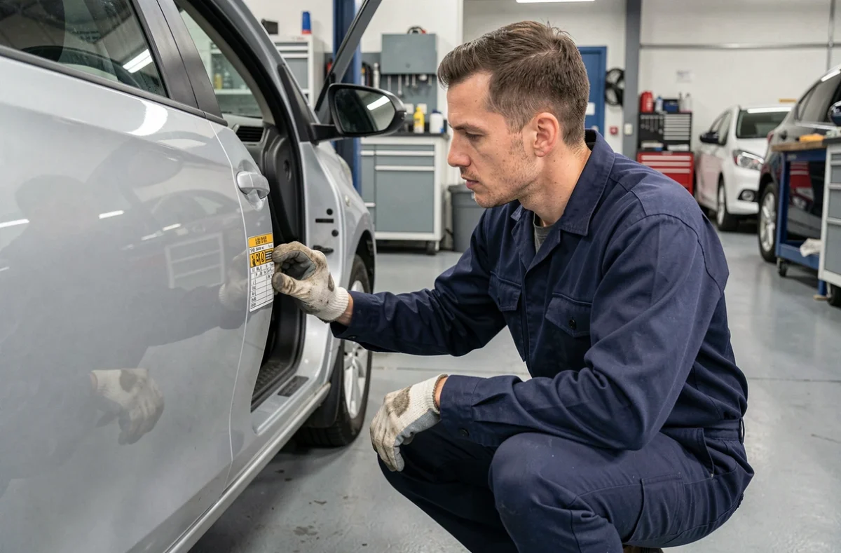 Mécanicien consultant les données de pression des pneus sur la portière d'une Toyota Yaris Hybride en garage