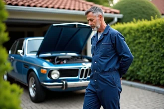 Mécanicien homme en bleu inspectant une BMW classique