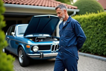M&eacute;canicien homme en bleu inspectant une BMW classique