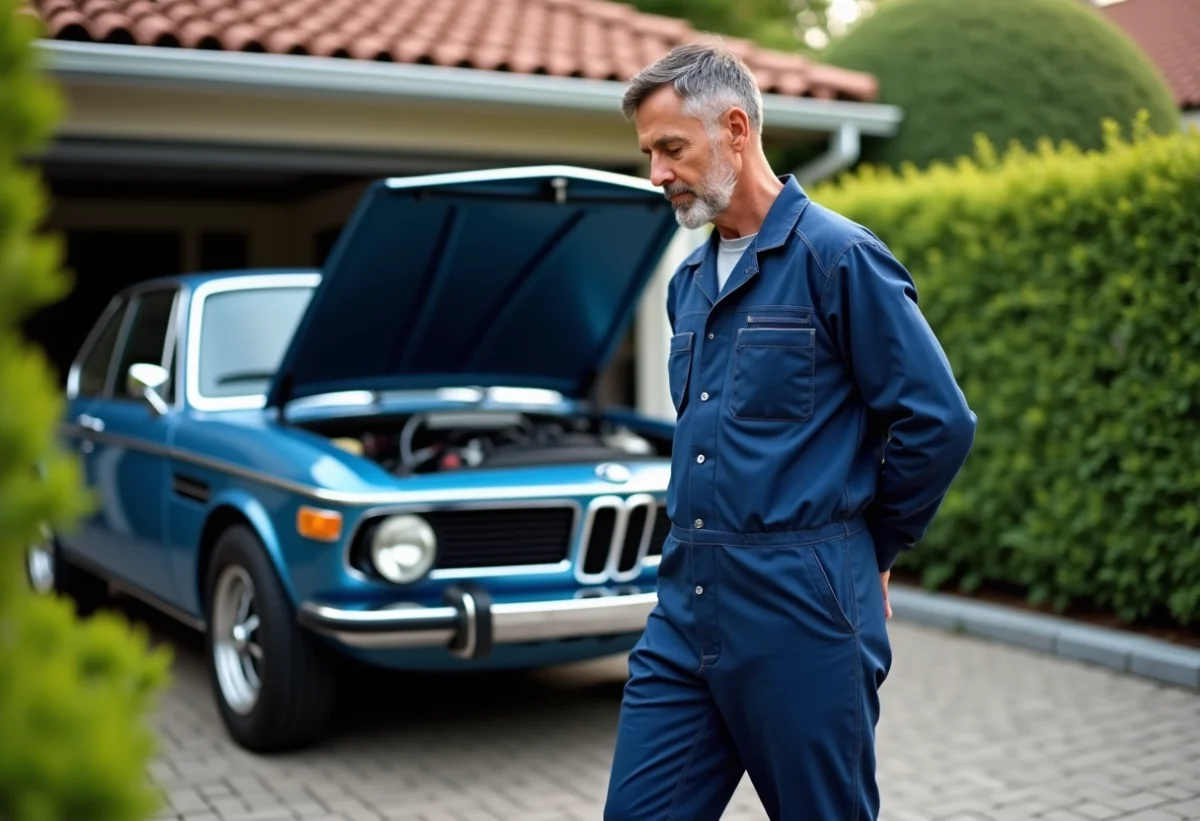 Mécanicien homme en bleu inspectant une BMW classique