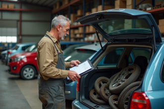 Mécanicien homme vérifiant un carnet dans un atelier automobile