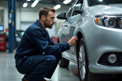 Mécanicien inspectant une bosse sur une voiture argentée