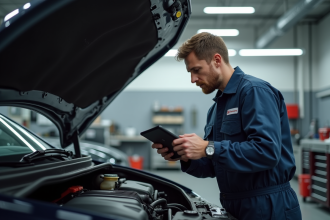 Mécanicien inspectant un moteur de voiture dans un garage moderne