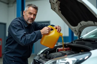 Mécanicien versant de l'huile moteur dans une Peugeot 208 essence dans un atelier de garage professionnel