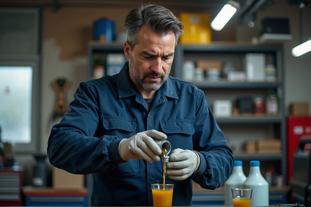Mécanicien versant de l'huile deux temps dans un mélange essence pour moteur dans un atelier automobile