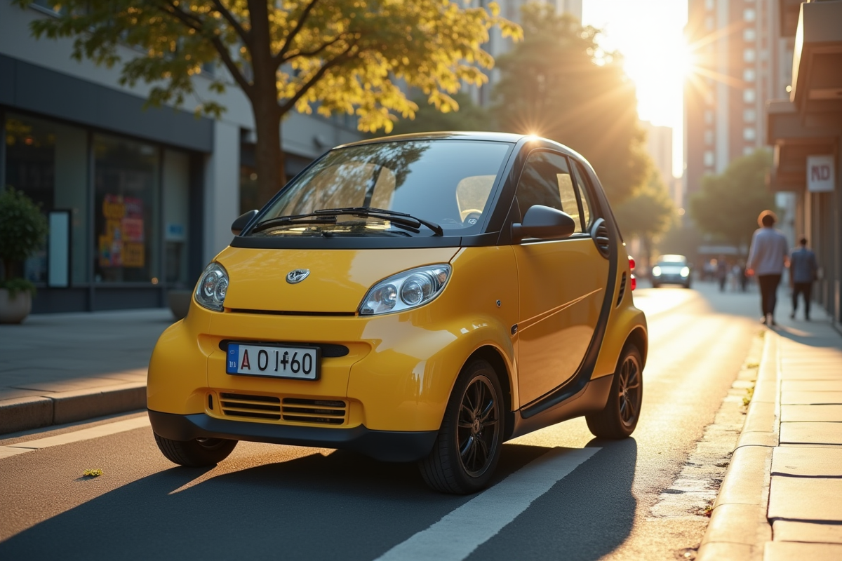 Microcar stationnée dans la ville avec soleil matinal