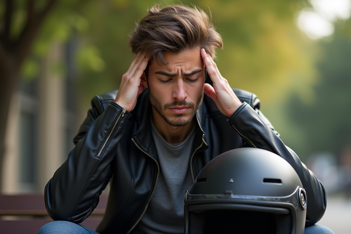Jeune motard soulageant ses tempes après la conduite