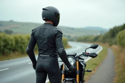 Motard en combinaison sur route de campagne