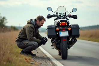 Homme en équipement moto examinant son pneu sur une route rurale