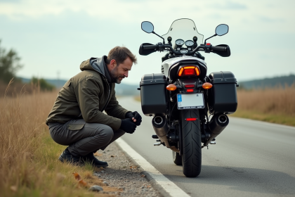 Homme en équipement moto examinant son pneu sur une route rurale