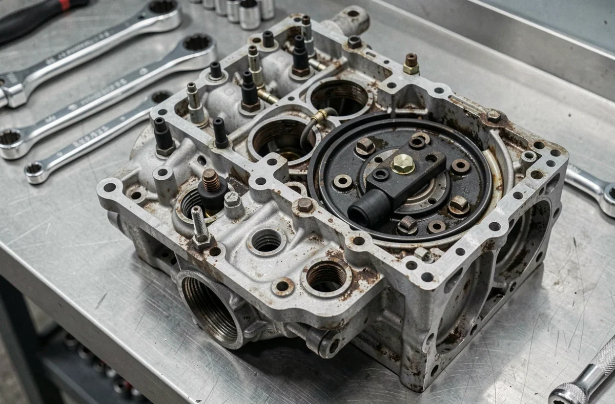 Moteur diesel Renault 1.5 dCi démonté sur un établi de garage avec outils mécaniques
