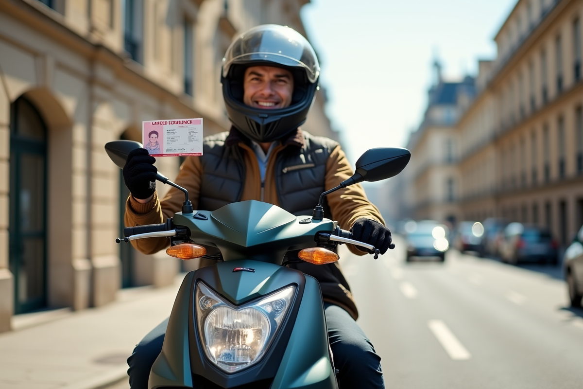 Personne avec casque et permis B sur moto en ville