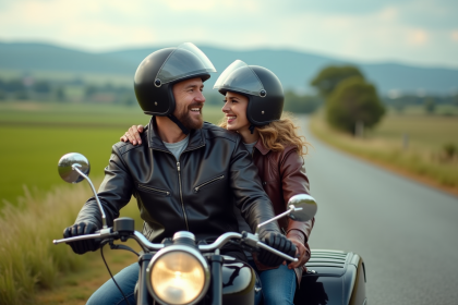 Couple en moto vintage riant sur une route de campagne