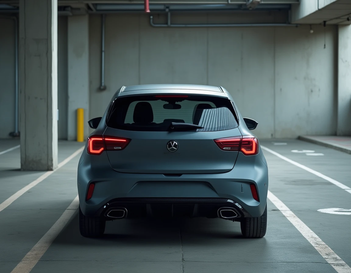 Vue arrière trois quarts de la nouvelle Nissan Micra grise dans un parking souterrain en béton