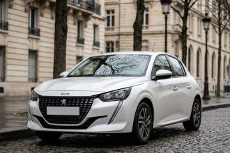 Nouvelle Nissan Micra blanche garée dans une rue parisienne pavée, vue en angle trois quarts avant