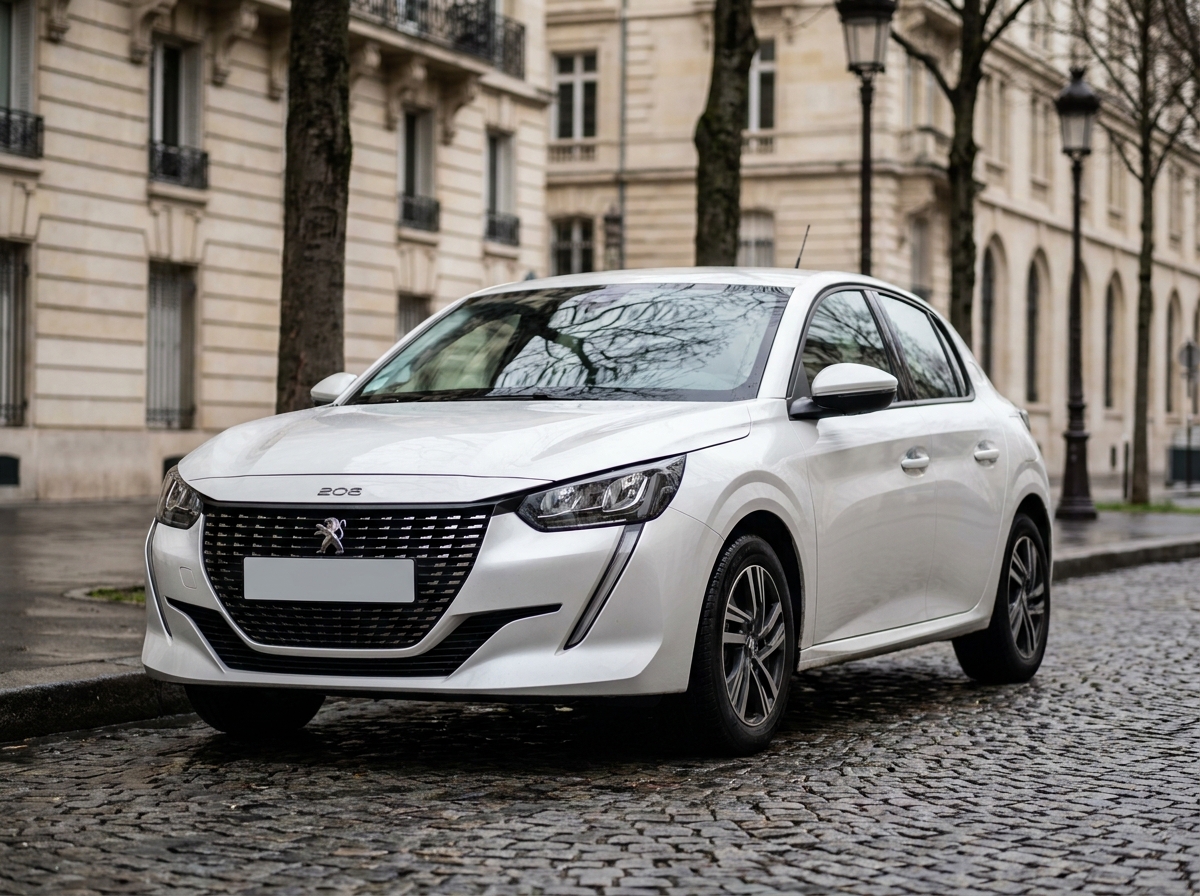 Nouvelle Nissan Micra blanche garée dans une rue parisienne pavée, vue en angle trois quarts avant