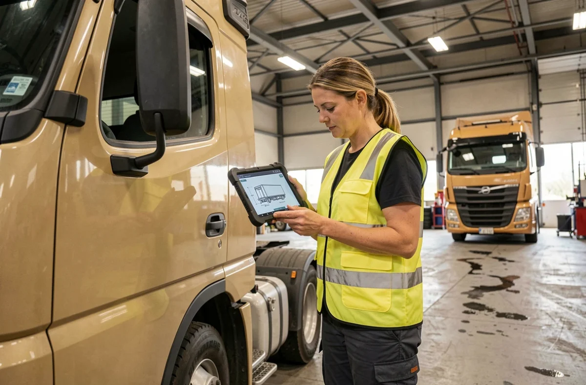 Opératrice de flotte consultant les dimensions réglementaires d'une semi-remorque sur tablette dans un atelier de maintenance poids lourd