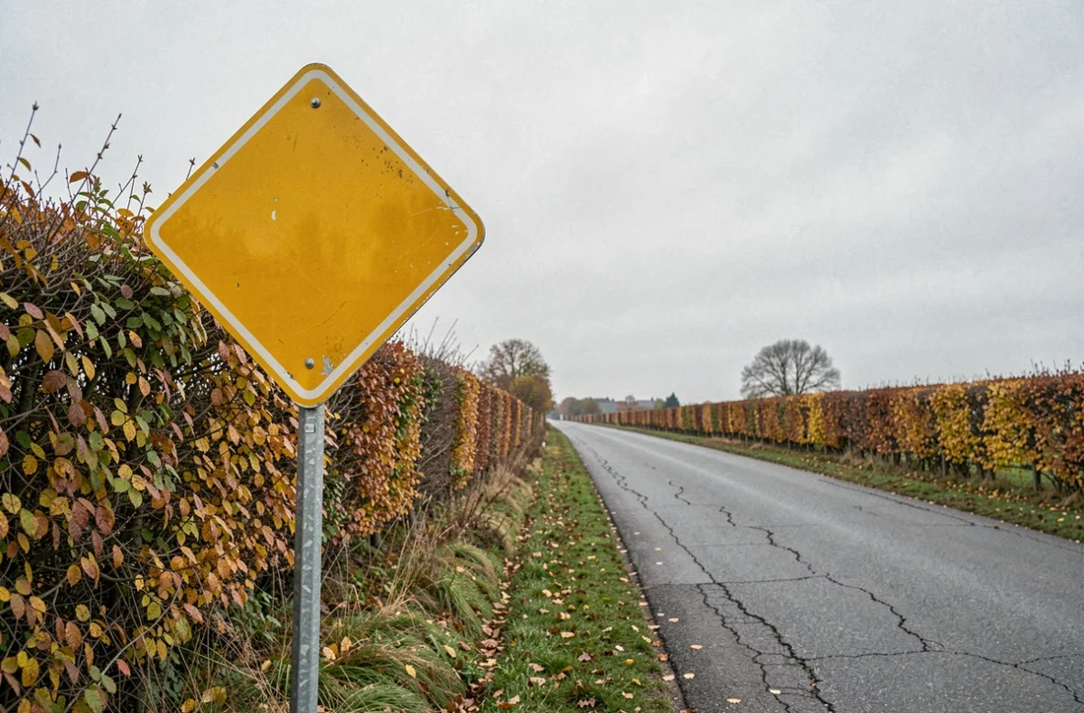 Panneau losange jaune sur poteau métallique au bord d'une route rurale française en automne