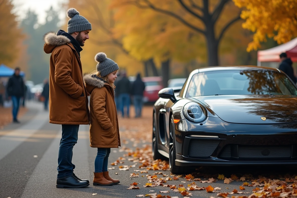 P&egrave;re et fille admirant une voiture de sport en automne