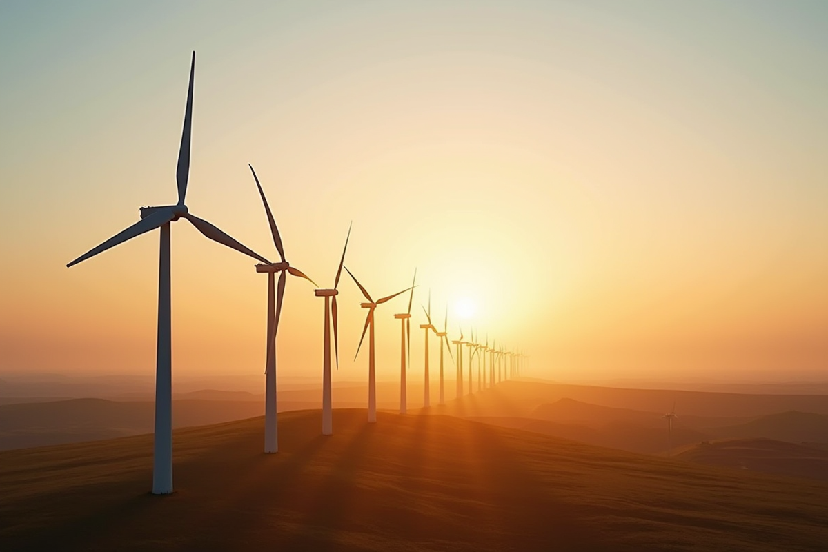 Parc éolien au lever du soleil avec turbines modernes