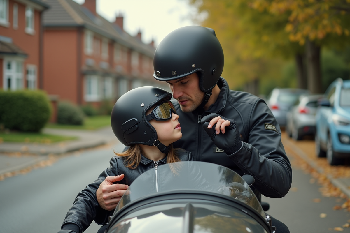 Parent et enfant en sidecar dans un quartier résidentiel