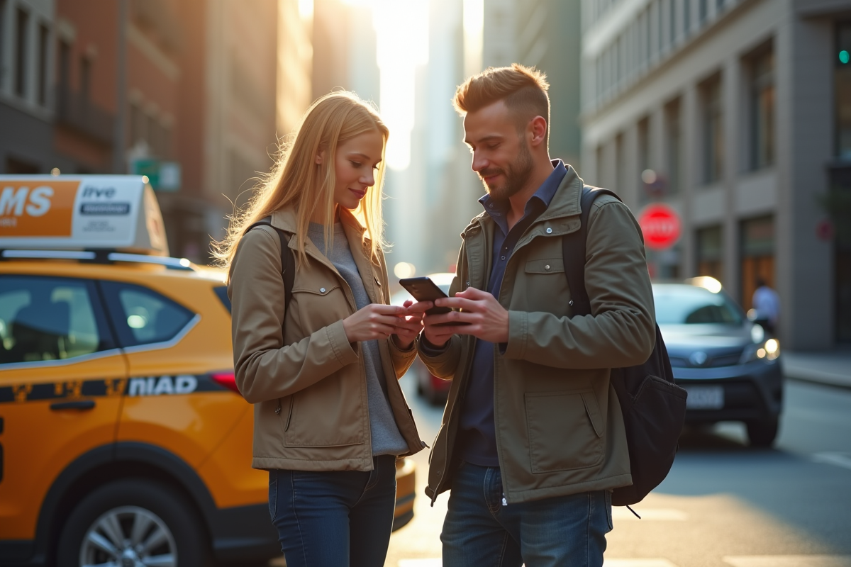 Deux navetteurs vérifiant leurs prix sur smartphone en ville
