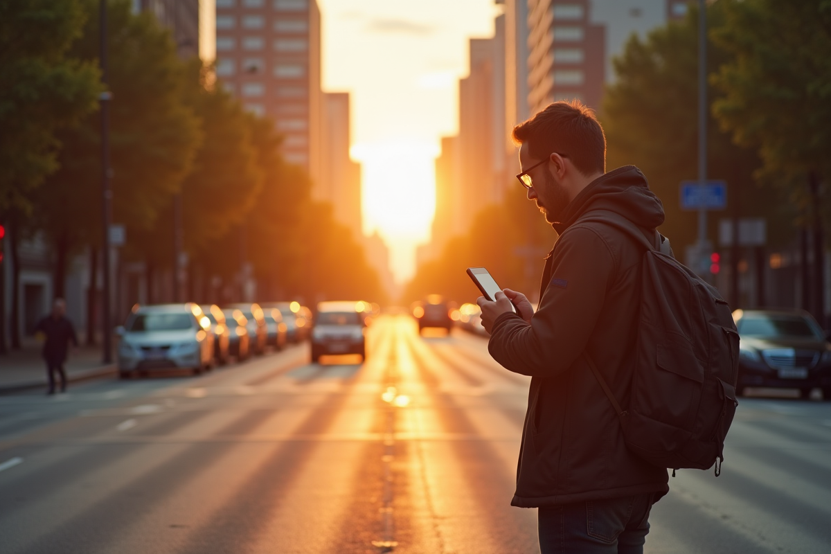Passant au croisement au lever du soleil regardant son téléphone