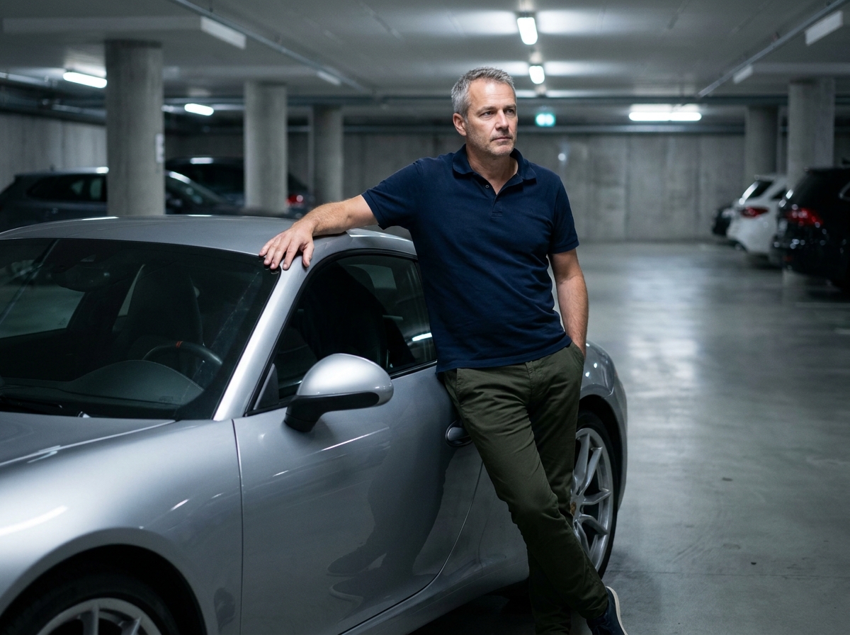 Homme passionné de Porsche appuyé contre sa 911 argentée dans un garage béton, réfléchissant à son assurance auto
