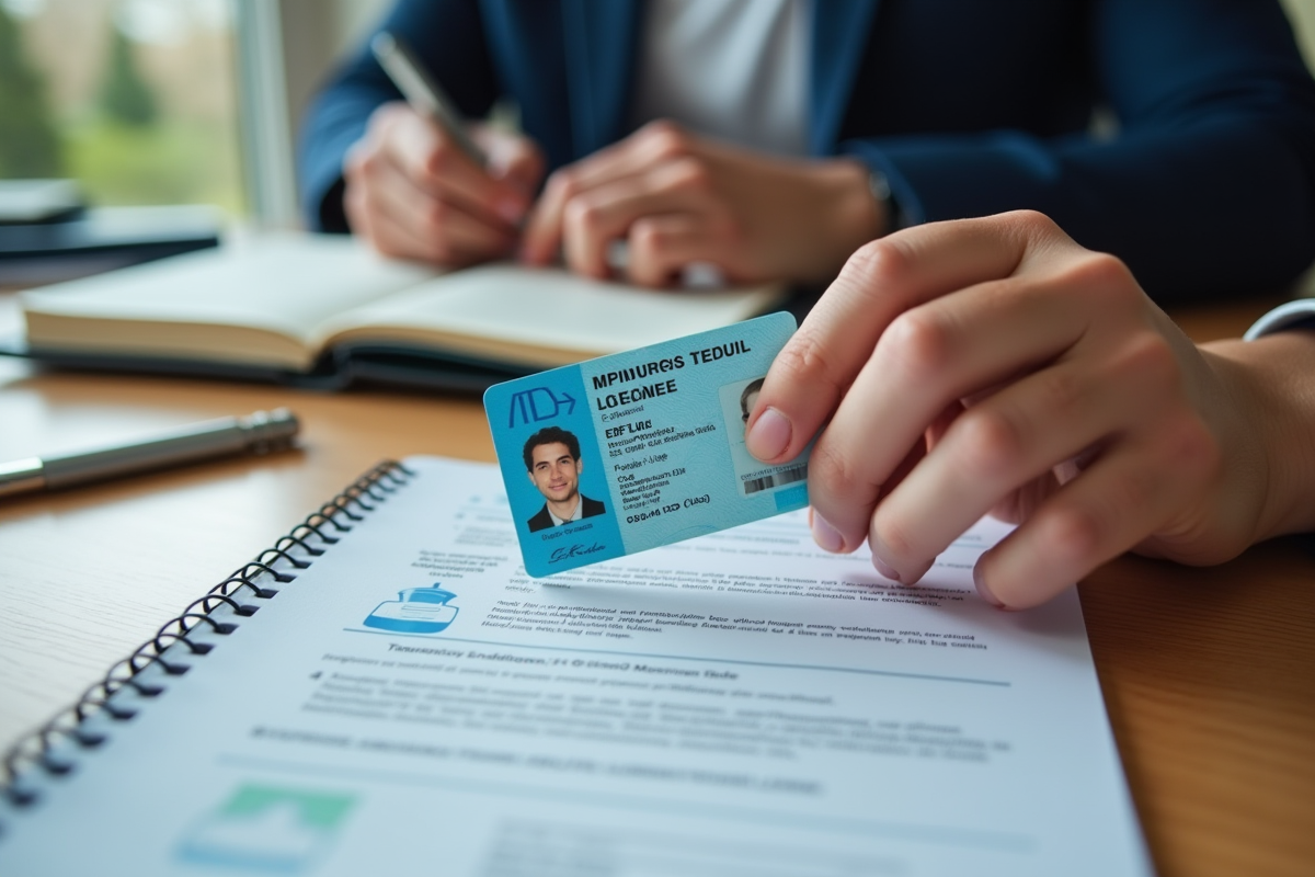 Mains tenant un permis de conduire français moderne sur un bureau