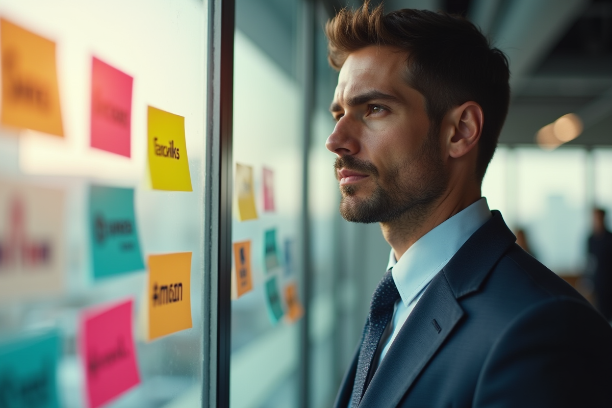 Personne d affaires examine logos de franchises dans un bureau