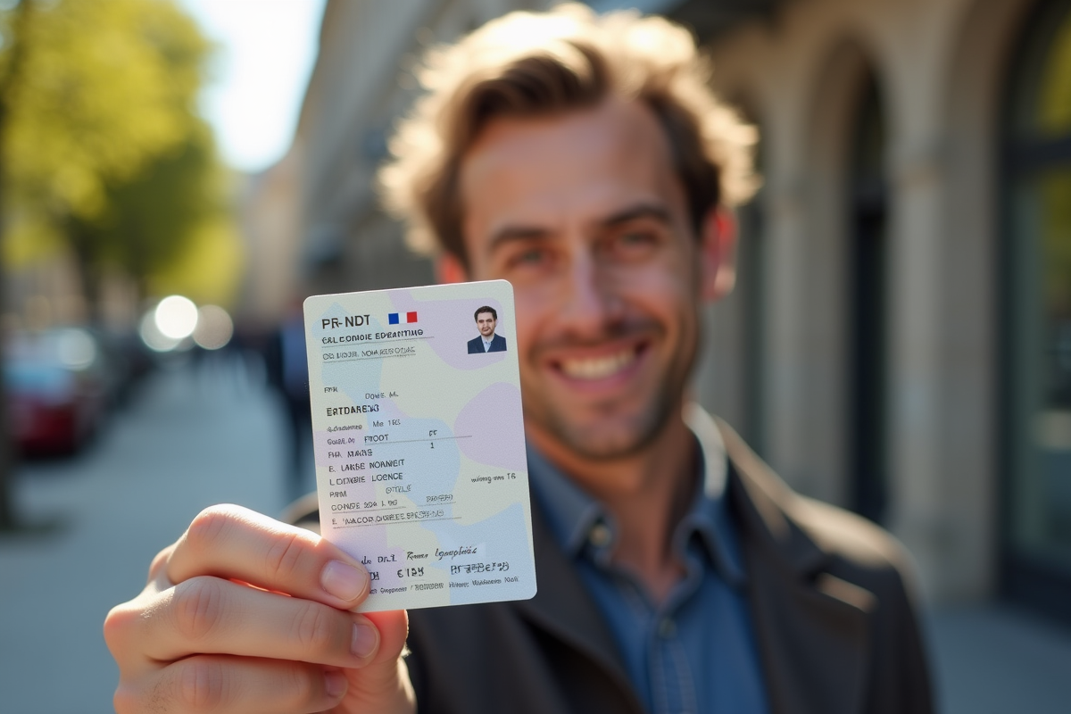 Personne souriante montrant son permis de conduire français à l