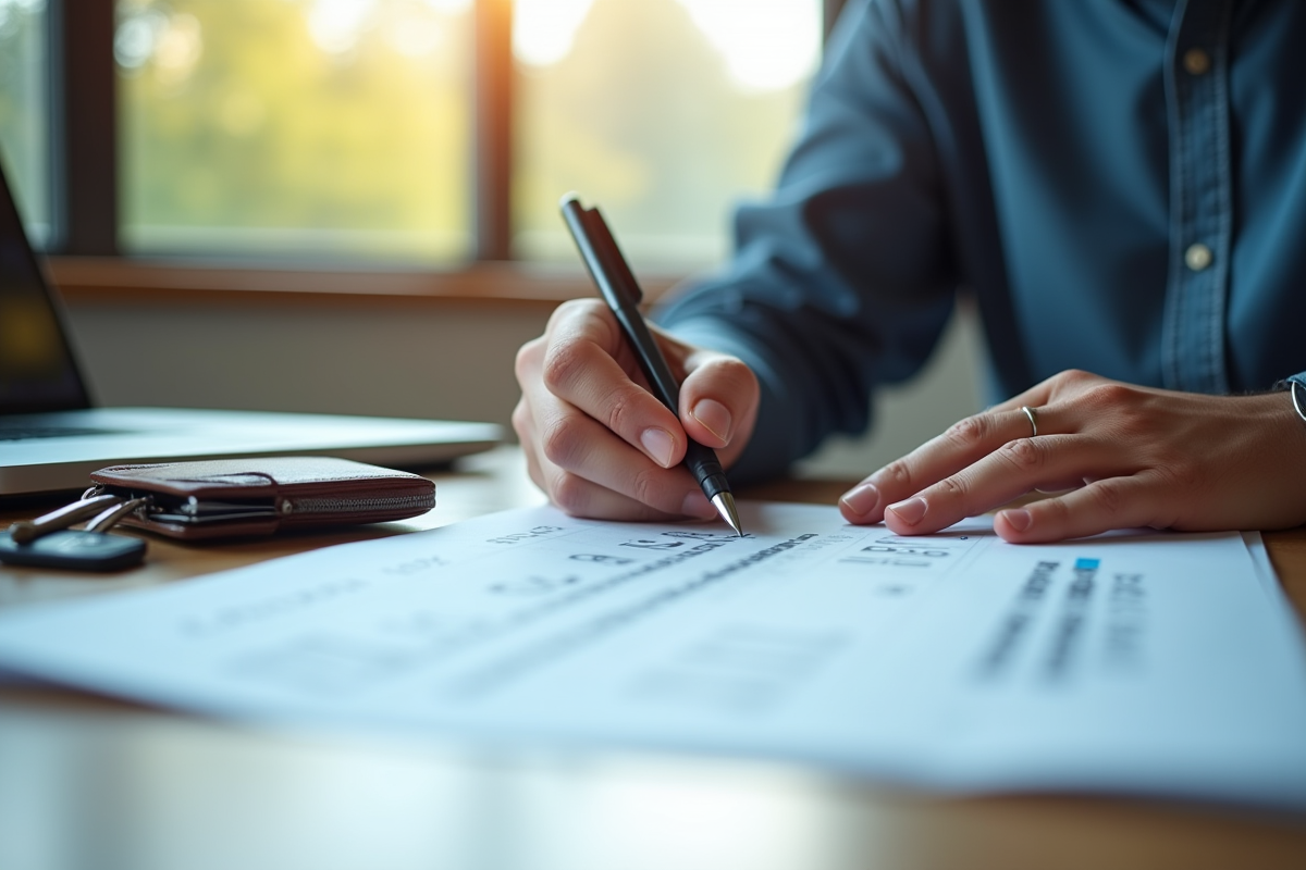 Personne remplissant documents de carte grise au bureau