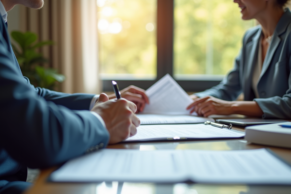 Personne assise à un bureau dans un bureau officiel avec agent administratif