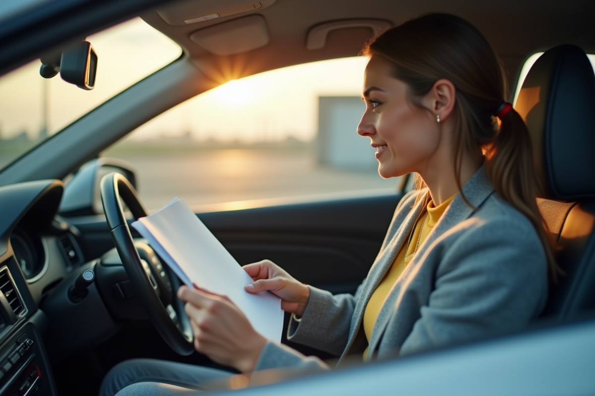 Personne avec documents de voiture dans une voiture moderne