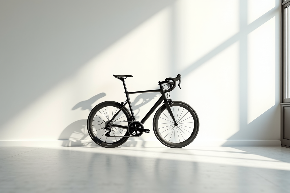 Petit vélo de route contre un mur blanc en intérieur