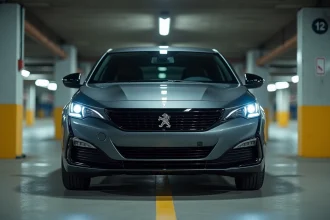Vue de face de la Peugeot 2026 dans un parking souterrain révélant des défauts de finition sur la carrosserie