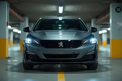 Vue de face de la Peugeot 2026 dans un parking souterrain révélant des défauts de finition sur la carrosserie