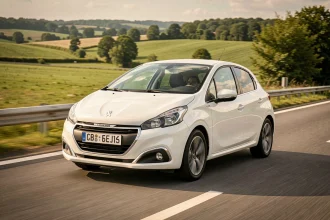 Peugeot 208 VTi blanche roulant sur une autoroute française entourée de campagne verdoyante, vue de profil en angle bas
