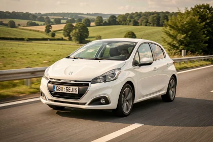 Peugeot 208 VTi blanche roulant sur une autoroute française entourée de campagne verdoyante, vue de profil en angle bas
