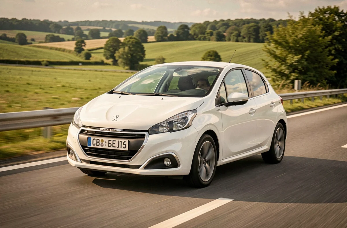 Peugeot 208 VTi blanche roulant sur une autoroute française entourée de campagne verdoyante, vue de profil en angle bas