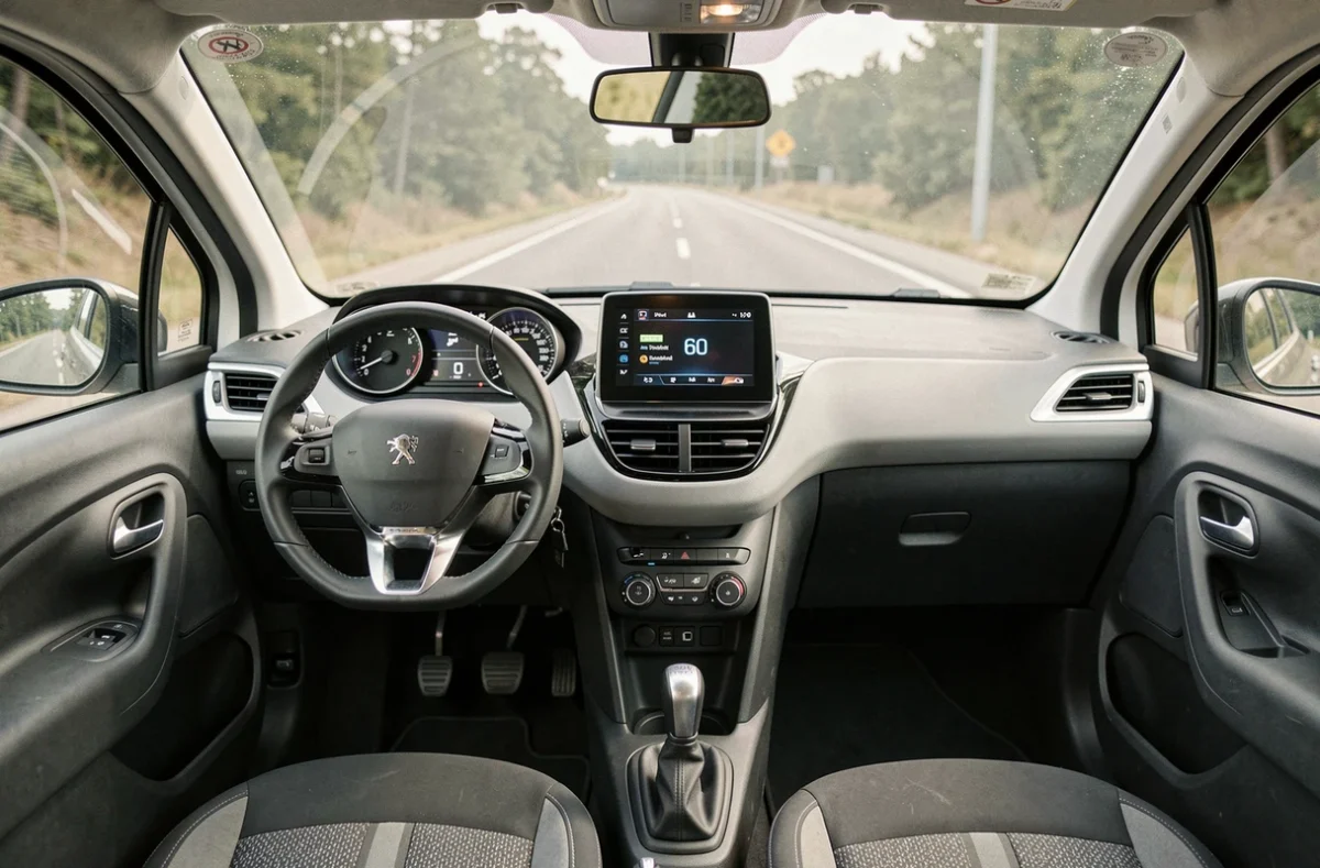 Intérieur de la Peugeot 208 VTi vue depuis le siège conducteur, tableau de bord et route visible au travers du pare-brise