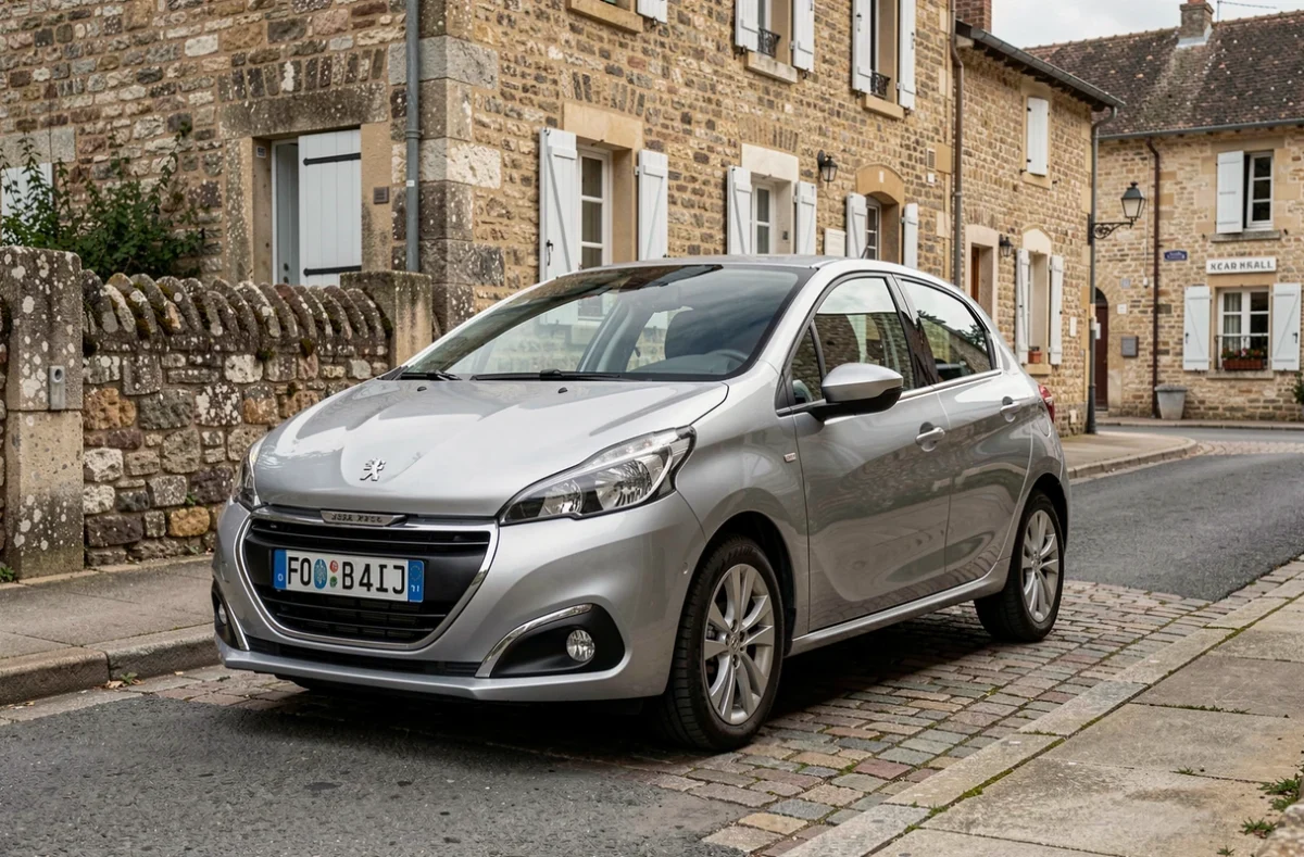 Peugeot 208 VTi argentée garée sur une route de village français pavée, vue en trois quarts avant avec bâtiments en pierre traditionnels