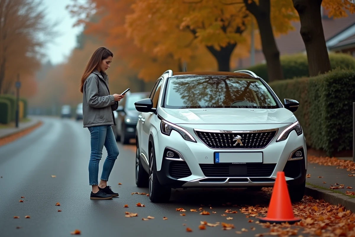 Conductrice en panne sur le bord de la route avec une Peugeot 3008 en mode dégradé suite à un code défaut P2563 et perte de puissance moteur