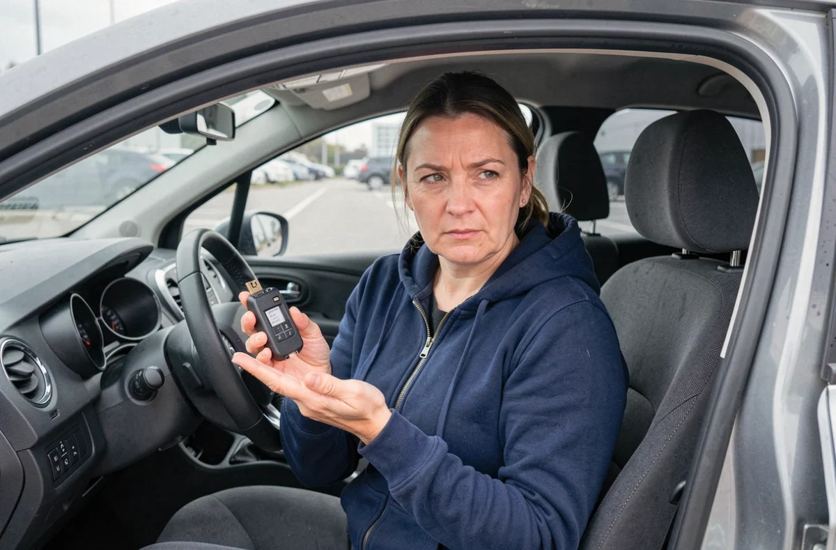 Femme inspectant la pile CR2032 d'une clé de Clio 4 ouverte, assise dans l'habitacle de sa voiture