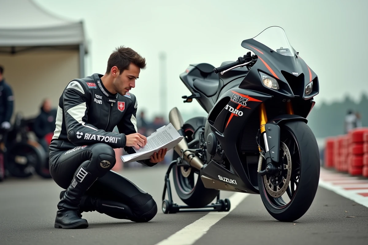 Pilote analysant les réglages châssis de sa GSX-R 750 dans le paddock d'un circuit