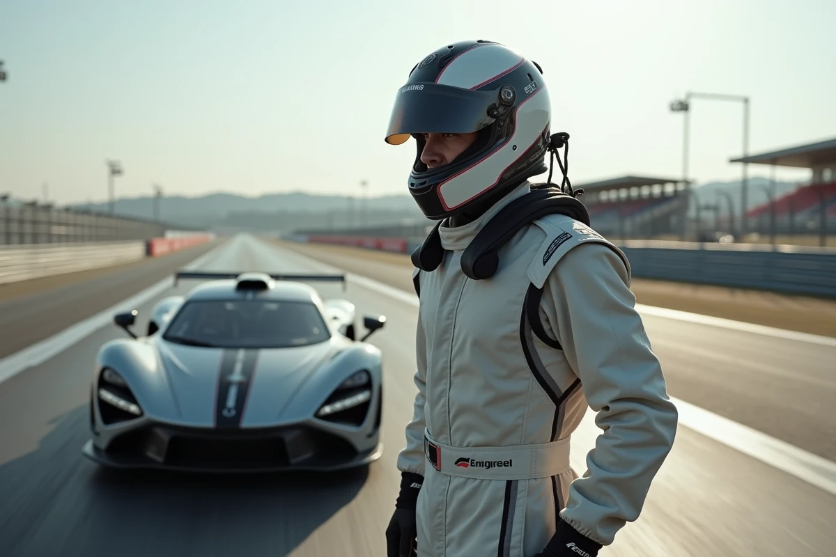 Homme en combinaison de course et casque près d'une voiture de sport sur circuit